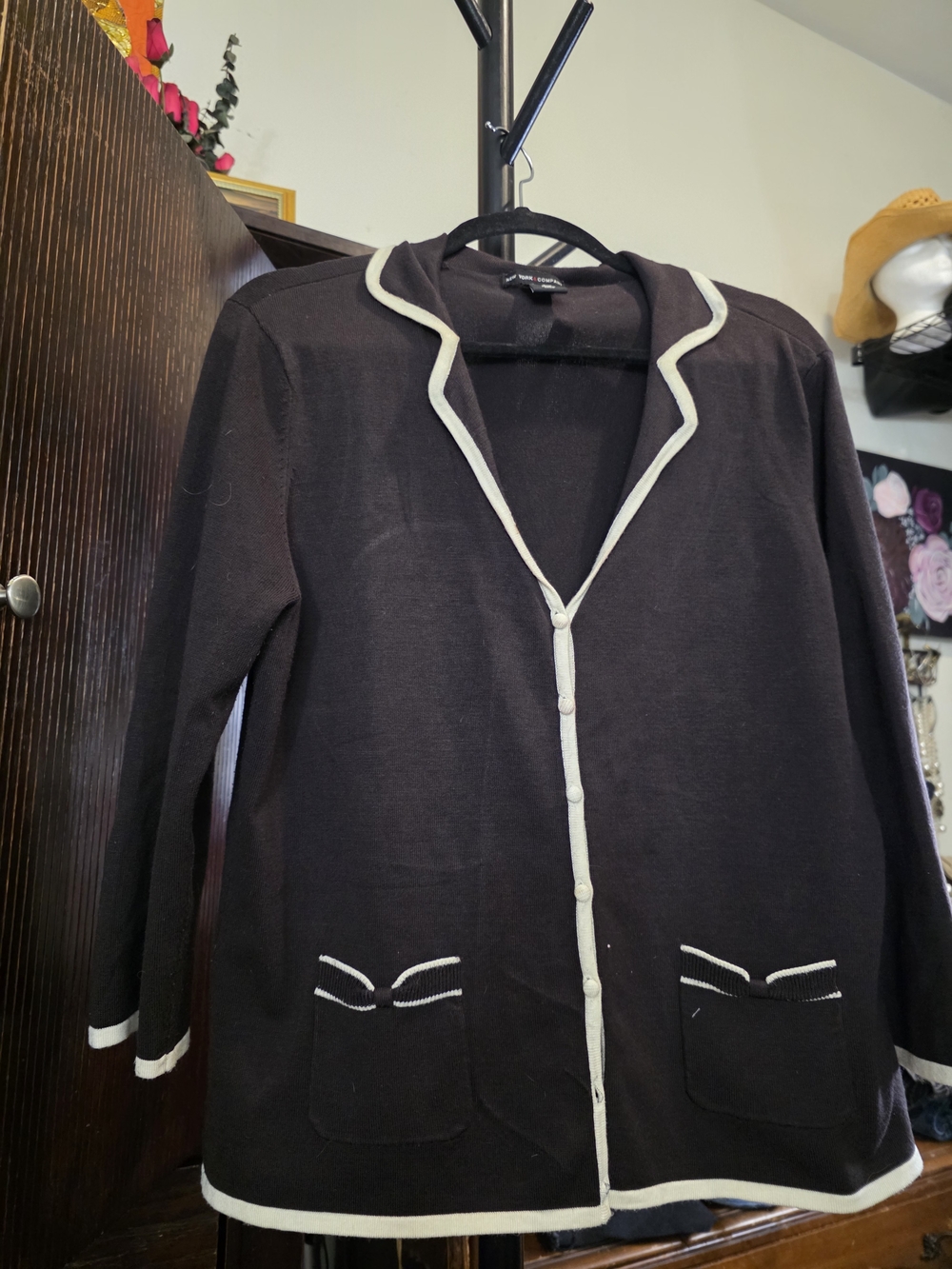New York & Company Black Knit Blazer with Cream Trim